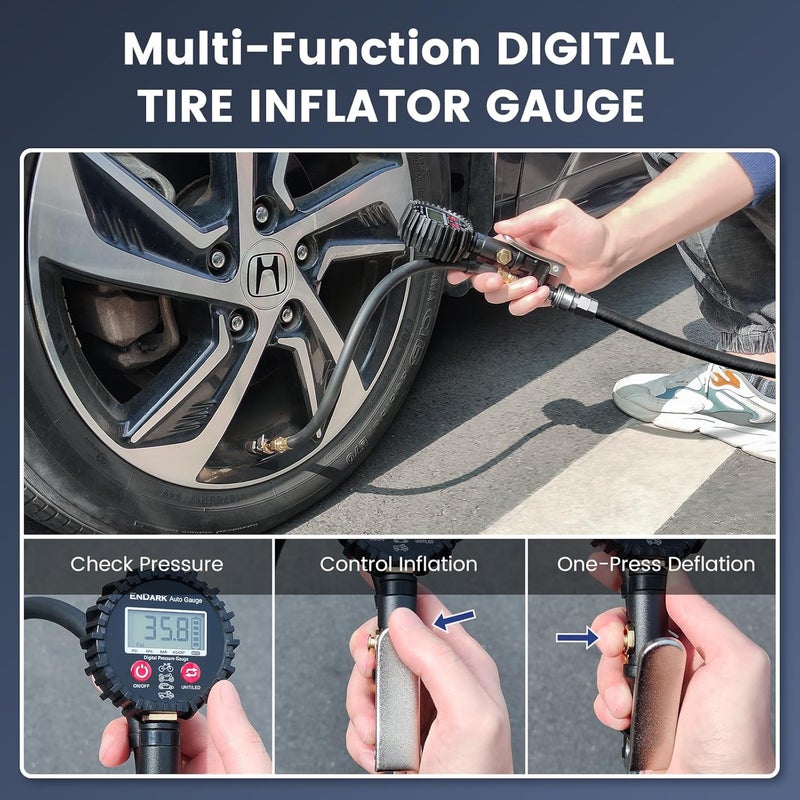 ENDARK Digital Tire Pressure Gauge with Inflator: 250 PSI Air Compressor Attachment Inflation Gun with Heavy Duty 360° Air Chuck & Extended Hose and Quick Connect Coupler with Carrying Case - Image 4